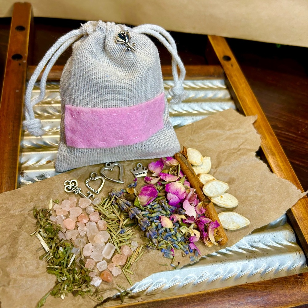 Pink Beauty Charm Bag Spelled Herbs Spices Flowers Drawstring cotton charm